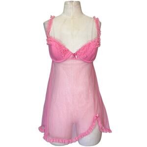 Victoria’s Secret Vintage Y2K Pink Sheer Babydoll Lingerie 36B Ruffle Mesh Slip